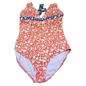 Boden Swimsuit 12 One Piece Tie Halter Neck Orange White Blue